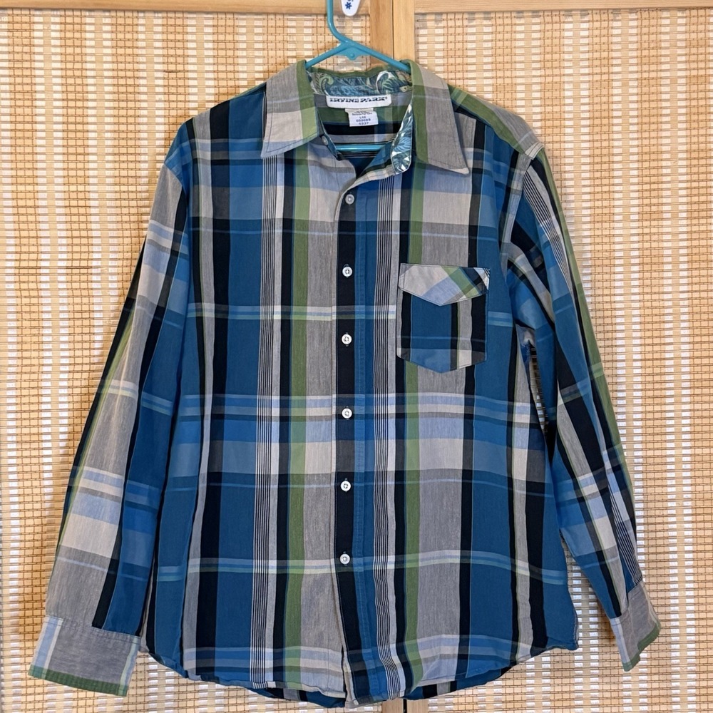 Irvine Park Mens L Shirt Plaid Long‎ Sleeve Button Up Teal Western Ranchcore